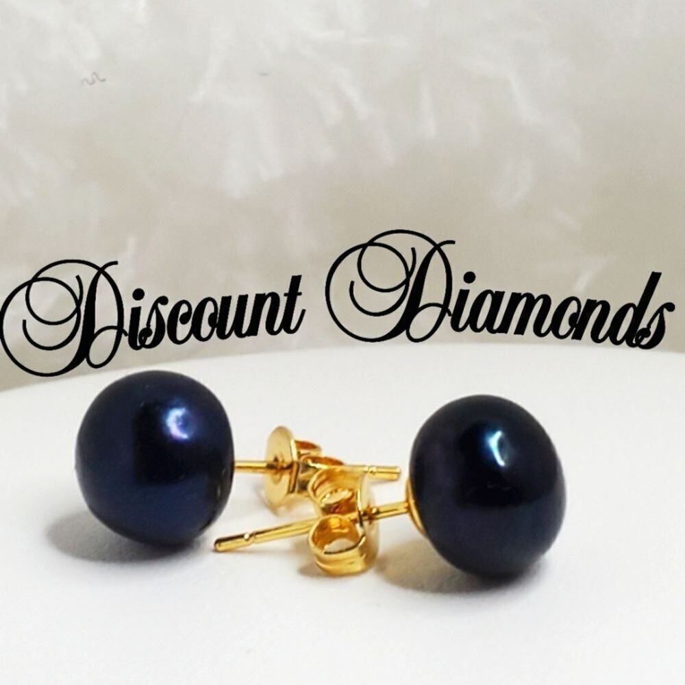 Natural Black South Sea Pearl Stud (Post) Earrings 9/10 mm Solid 14K Yellow Gold